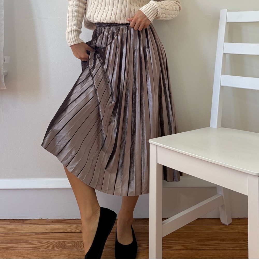 Vintage Metallic Velvet Pleated Elastic Waistband Brown Skirt Size XS - Picture 6 of 9